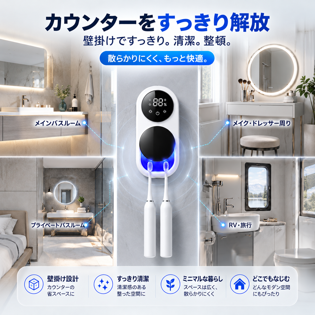 BILLHOL® 🔥ウェーブセンス UV除菌×自動乾燥 歯ブラシホルダー｜触れずに開閉・2本同時収納