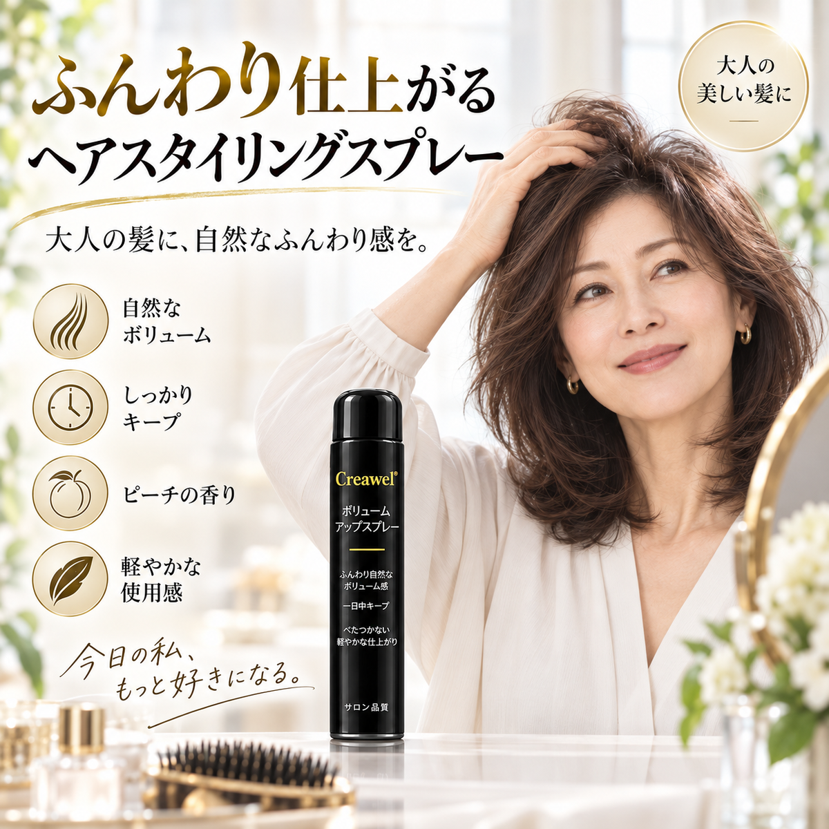 🔥 期間限定70%OFF！Creawel® ✨ピーチ香る根元ふんわりボリュームスプレー｜瞬時に立ち上げ・自然なボリューム・一日中しなやかキープ