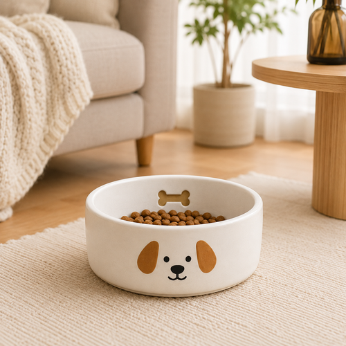 Cartoon Puppy Embossed Ceramic Dog Bowl