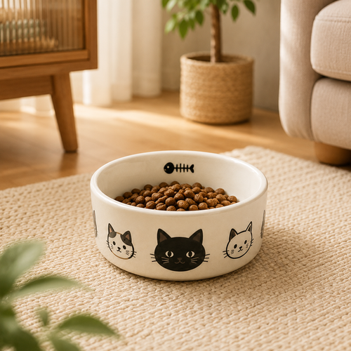 Multi‑Cat Faces Printed Ceramic Cat Bowl
