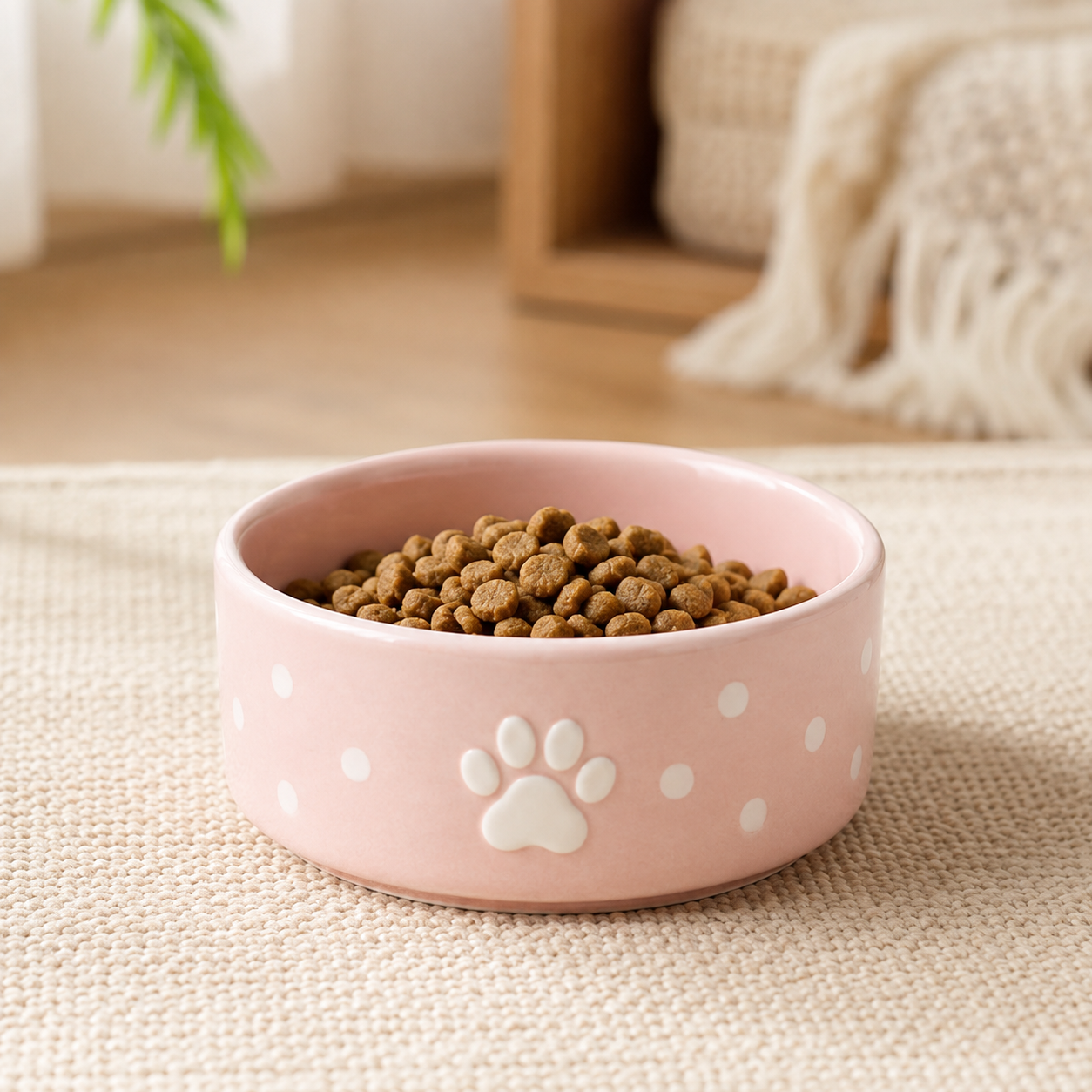 Pink Polka‑Dot Embossed Paw Print Ceramic Pet Bowl
