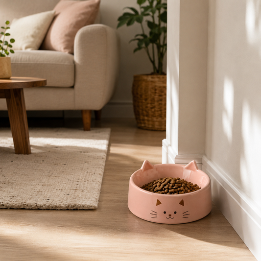Pink Cat‑Ear Cartoon‑Face Ceramic Cat Bowl