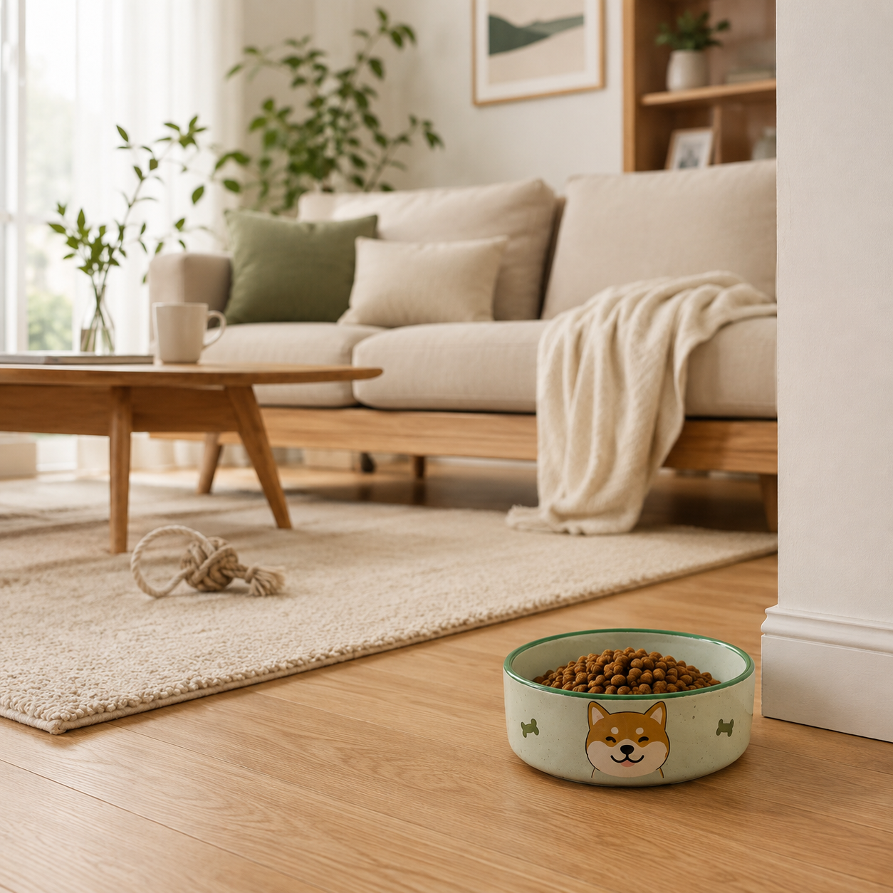 Light‑Green Shiba‑Inu Printed Ceramic Dog Bowl