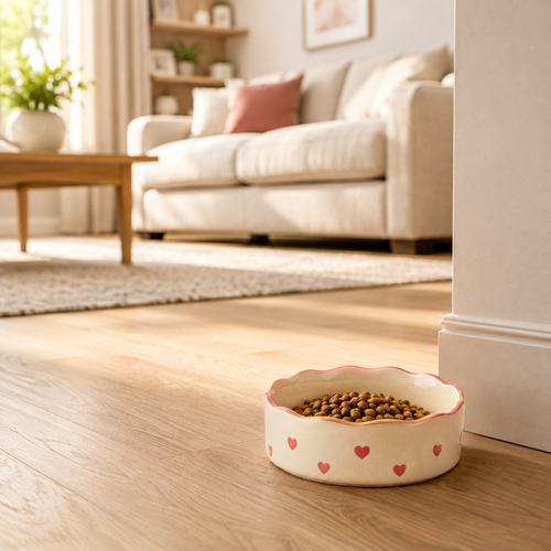 Pink Heart Printed Wavy Rim Ceramic Pet Bowl