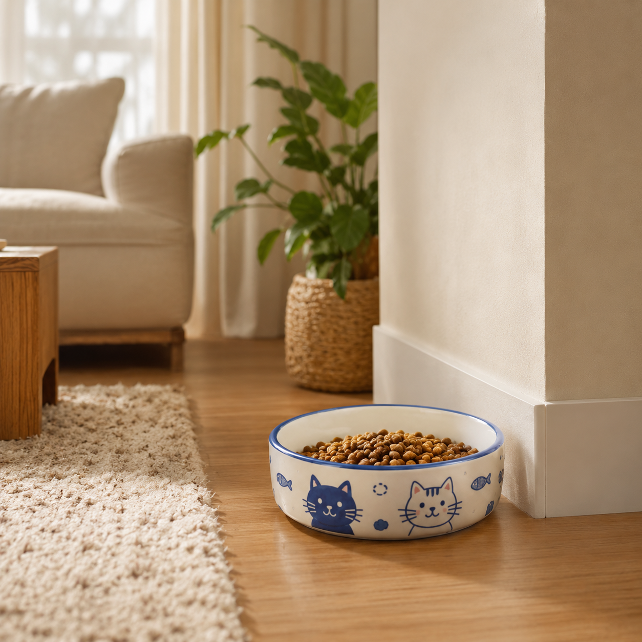 Blue‑White Hand‑Drawn Cat & Fish Ceramic Cat Bowl