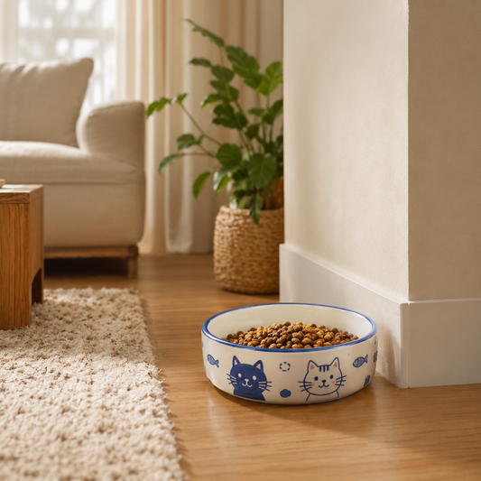 Blue‑White Hand‑Drawn Cat & Fish Ceramic Cat Bowl