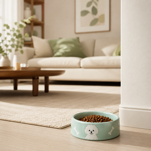 Mint‑Green Bichon & Bone Printed Ceramic Dog Bowl