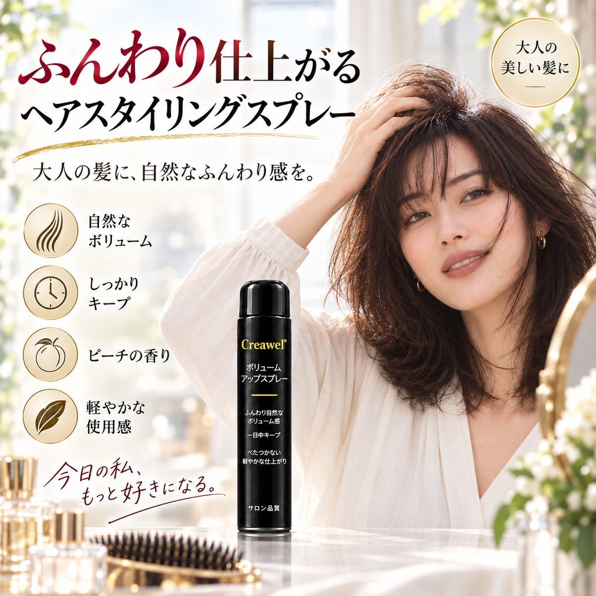 【期間限定70%OFF】Creawel® ピーチ香る根元ふんわりボリュームスプレー｜軽やかに立ち上がる、上品な美しさ