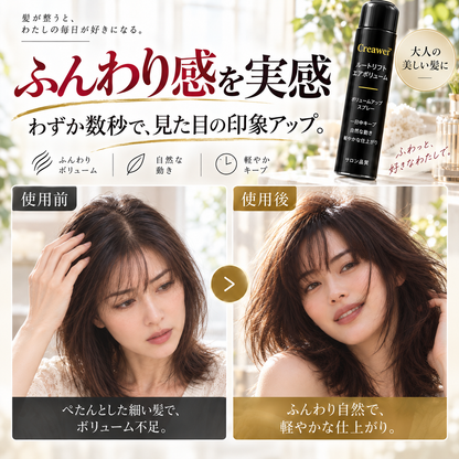 【期間限定70%OFF】Creawel® ピーチ香る根元ふんわりボリュームスプレー｜軽やかに立ち上がる、上品な美しさ